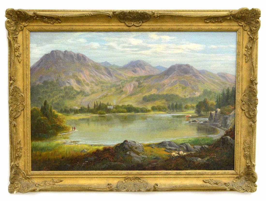 WILLIAM FREDERICK MITCHELL (1845-1924), PAINTING: Framed oil painting on canvas, Lake in the Mountains, signed, dated lower left W. Mitchell, 1877 (William Frederick Mitchell, British, 1845-1914), gallery tag of Schillay & Rehs, Inc., New York on ver