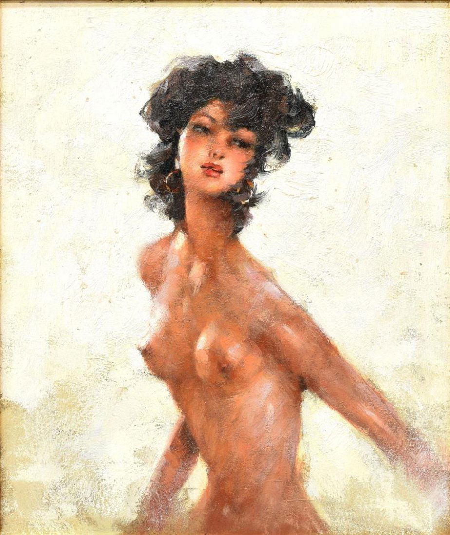 STYLE OF JEAN GABRIEL DOMERGUE NUDE PORTRAIT: Framed oil on board, Three-Quarter Portrait of Female Nude, unsigned, in the style of Jean Gabriel Domergue (French 1889-1962) sight: 12"h, 10"w, overall: 13.75"h, 11.75"w, 0.5lbs Start Price: $80.00