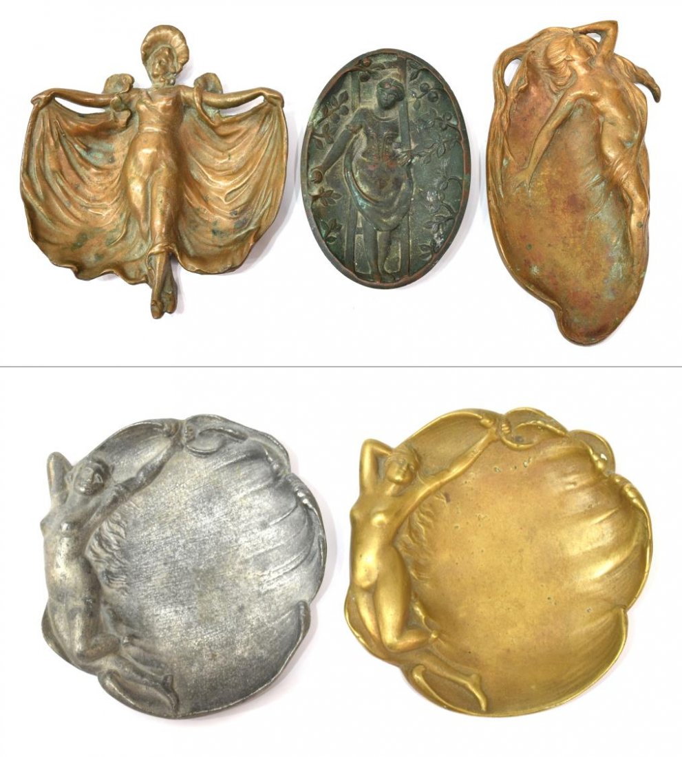 (5) BRONZE & PEWTER TRAYS DEPICTING LADIES: (lot of 5) Bronze trays: (1) "Excuse Me", John Harsch Bronze & Foundry Co., Cleveland, 20th c., the front depicts a female holding an apple, the other side her dress is raised, approx. 5.5" x 4"; (1) 