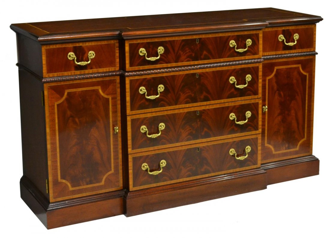 COUNCIL CRAFTSMAN MAHOGANY & SATINWOOD BUFFET: Council Craftsman mahogany buffet, the shaped top with satinwood inlaid trim, above four central drawers, flanked by two drawers and doors, gilt brass hardware, rising on stepped plinth base, 28"h, 89