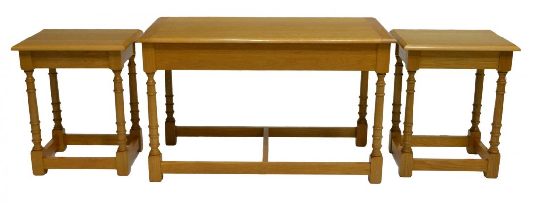 (3) SET OF ENGLISH OAK NESTING TABLES: (set of 3) English oak nest of tables, (1) rectangular coffee table, over (2) small side tables, all having ringed legs on block feet, approx 20.25"h, 33"l, 17"w Start Price: $60.00