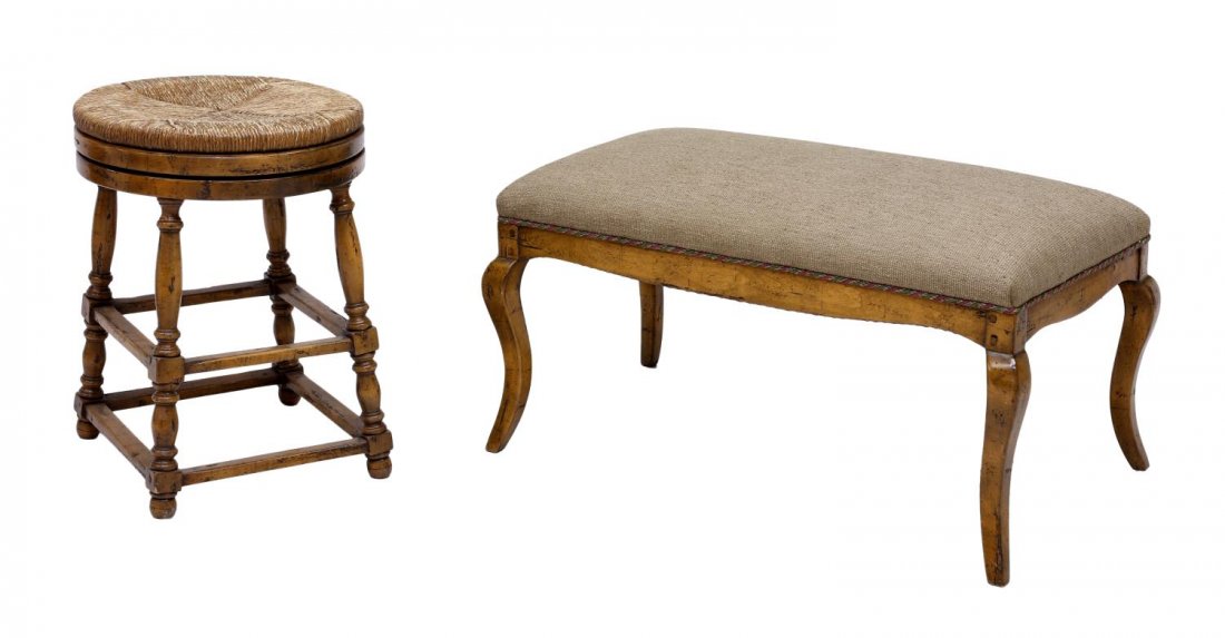 (2)PIANO BENCHES, UPHOLSTERED BENCH & SWIVEL STOOL: (lot of 2) Piano benches, comprising: (1) upholstered long bench seat, the rectangular upholstered and padded top above four cabriole legs, 20"h, 37"w, 21"d; (1) rush seat swivel stool, rising on turn