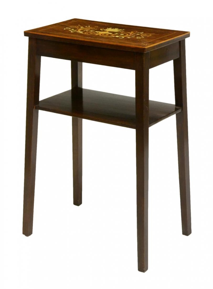 CONTINENTAL ROSEWOOD MARQUETRY INLAID SIDE TABLE: Continental rosewood tiered side table, central floral and foliate marquetry on the rectangular top, trimmed with inlaid string work, medial shelf joined by for tapering square legs, approx 30"h, 19"w
