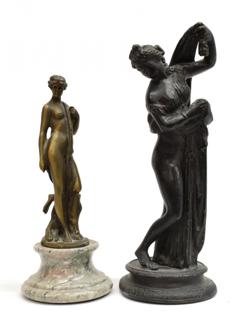 (2) BRONZE SCULPTURES, VENUS & APHRODITE: (lot of 2) Bronze sculptures: (1) mounted on marble, Venus, unsigned, bronze: 7.25"h, overall: 9.5"h, 4"diameter; (1) "Aphrodite", unsigned, 11"h, 4.25"w, 4.25"d 8lbs Start Price: $80.00