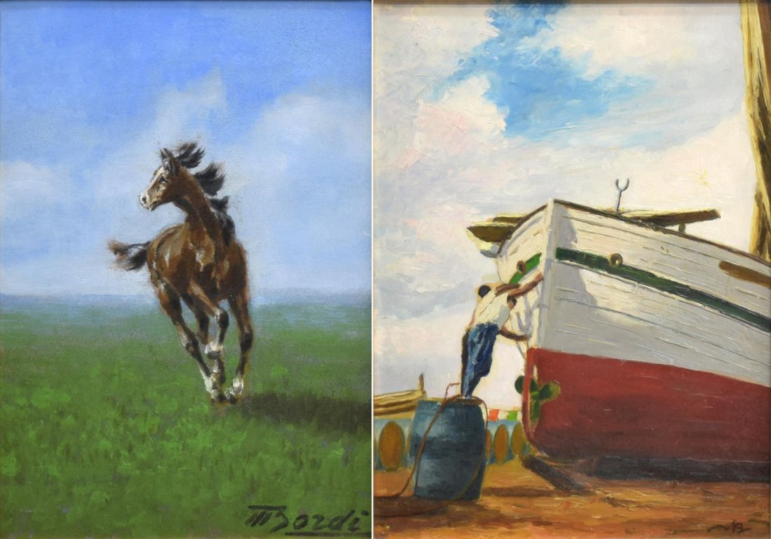 (2) FRAMED ITALIAN OIL PAINTINGS, MARIO BORDI: (lot of 2) Framed oil on board paintings, comprising: (1) "Gallopo", signed lower right M. Bordi (Mario Bordi, Italian 1896-1980), label verso, sight: approx. 10.25"h, 7.25"w, overall: 19"h, 16"w; (1)