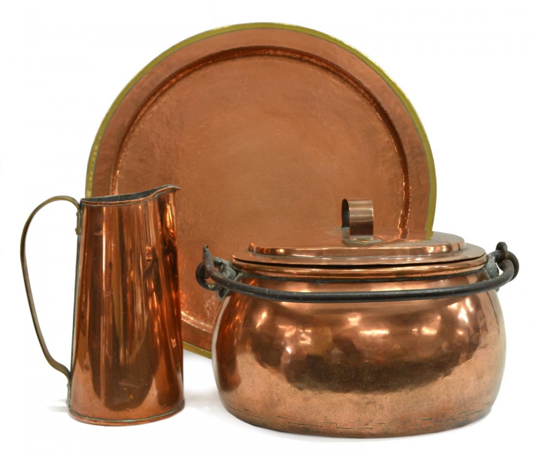 (3) COPPER HANDLED POT, PITCHER & TRAY BY L.HOLBEN: (lot of 3) Copper items, comprising: (1) mid-century coppe rand brass pitcher by Lloyd Holben for "The Copper Shop", Jackson WY, 1955, 10.75"h; (1) hammered copper and brass tray, marked underfoot Llo