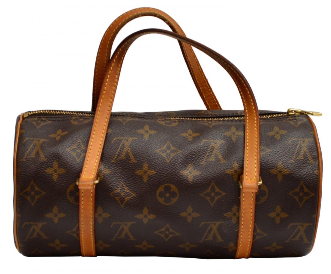 LOUIS VUITTON MONOGRAM CANVAS PAPILLION 26 PURSE: Louis Vuitton 'Papillion' 26 monogram canvas handbag, natural leather handles with some patination, interior in brown, bag: approx 5.25"h, 10"w, 5.25"d, 1lb total Start Price: $100.00