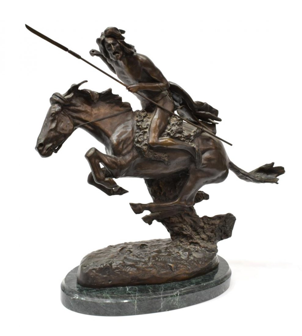 BRONZE "THE CHEYENNE" AFTER FREDERIC REMINGTON 20": Bronze sculpture mounted on marble, "The Cheyenne", after the 1901 sculpture by Frederic Remington (1861-1909), bronze: 19.5"h, 22.5"w, 6.5"d, overall: 20.75"h, 22.5"w, 8.5"d, 60lbs Start Price: $200.
