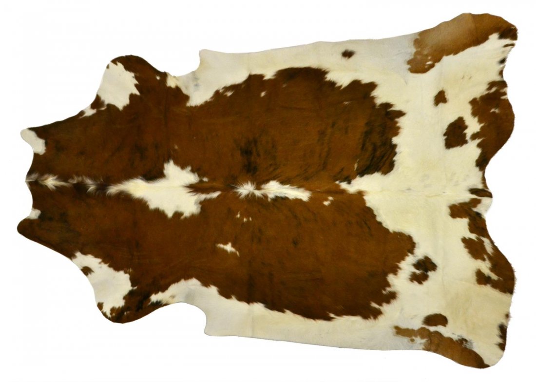 LARGE BRAZILIAN BROWN & WHITE SPOTTED COWHIDE: Brazilian brown and white spotted cow hide, some minor loss of furn, 88.5"l, 80.5"w Start Price: $150.00