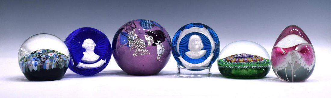(6) PAPERWEIGHTS, ORIENT & FLUME, PERTHSHIRE: (lot of 6) Collection of vintage paperweights, including: (1) Orient and Flume, artist signed, dated 1989 and numbered underfoot, (1) egg form weight with floral inside, (1) large multi color weight,