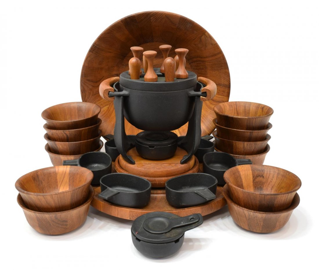 (14) DANISH MODERN FONDUE & BOWLS, DANSK, NISSEN: (lot of 2) Danish modern teakwood cook ware and bowls: (1) fondue set, design by Flemming Digsmed and Richard Nissen, 1960's/1970's includes cast iron side dishes, burner dish, porcelain lined fondue