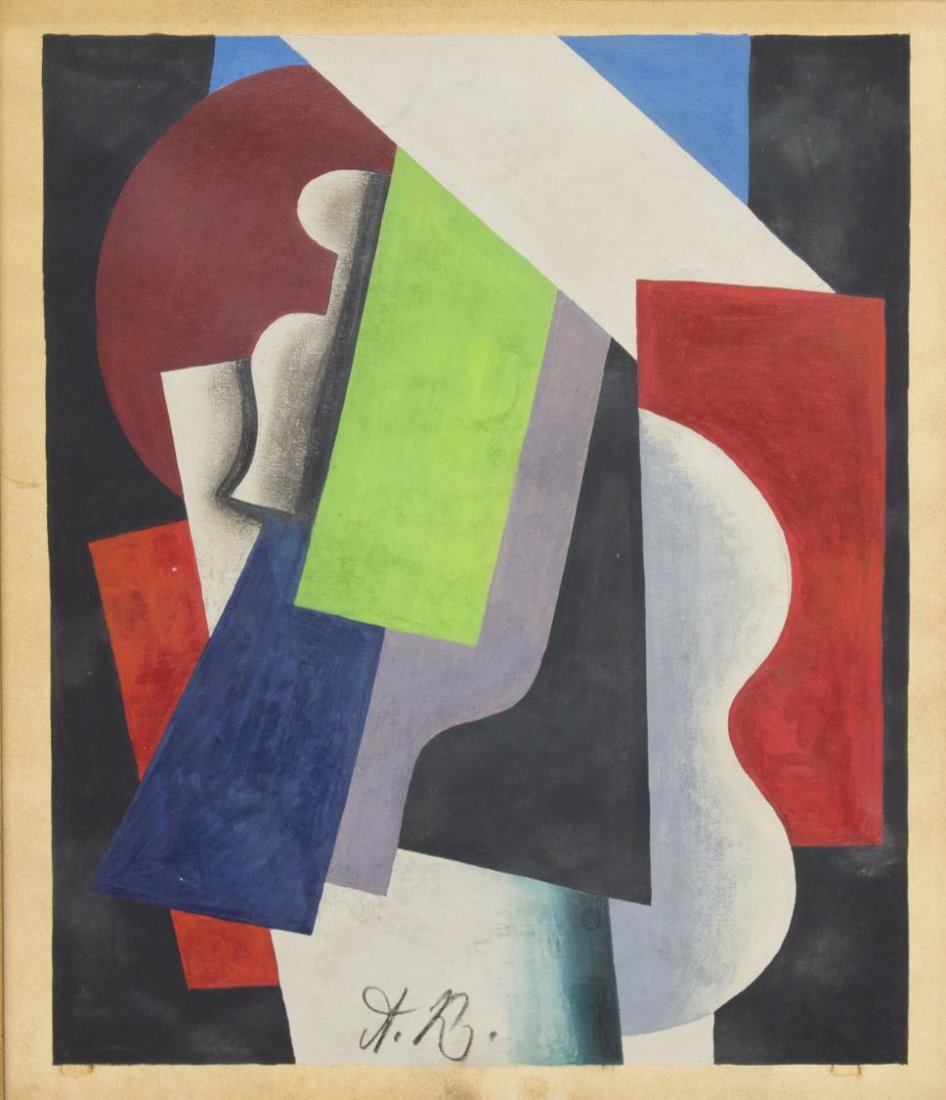 FRAMED CUBIST PAINTING: Framed under glass cubist painting, gouache on paper, monogrammed lower center A.R. or A.L., possibly Russian, sight: 12"h, 10"w, overall: 18.25"h, 16.25"w, Start Price: $150.00