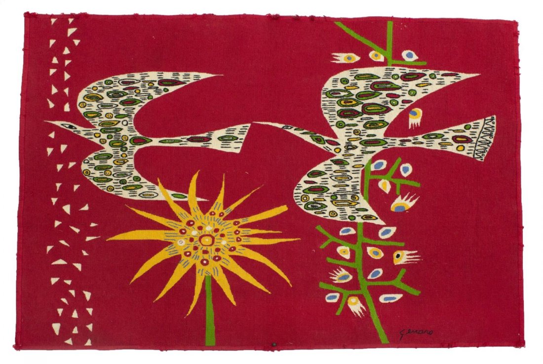 GENARO DE CARVALHO (BRAZIL 1921-76) WOVEN TAPESTRY: Mid-century wool hanging wall tapestry, Birds and Sun, stitch signed lower right Genaro (Genaro de Carvalho, Brazil 1926-1971), unframed, wear to border, 46"h, 54"w, 6.5lbs Start Price: $200.00