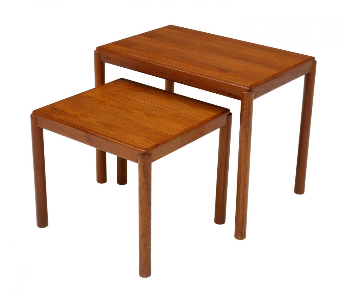 (2) DANISH MID-CENTURY MODERN TEAKWOOD TABLES: (lot of 2) Danish mid-century modern teakwood nesting or occasional tables, rectangular with turned supports, largest: 20"h, 24"w, 16.25"d Start Price: $60.00