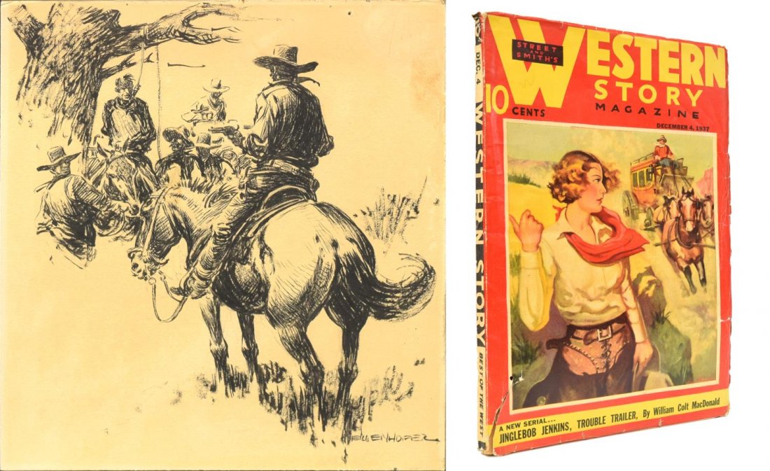 (2) NICK EGGENHOFER (1897-1985) ILLUSTRATION ART: (2) Framed ink illustration on board, Western Justice, signed lower right Eggenhofer (Nicholas Eggenhofer, Germany, New Jersey, Wyoming, 1897-1985), sight: approx. 8"h, 7.25"w, overall: 11"h, 10.5"w, 