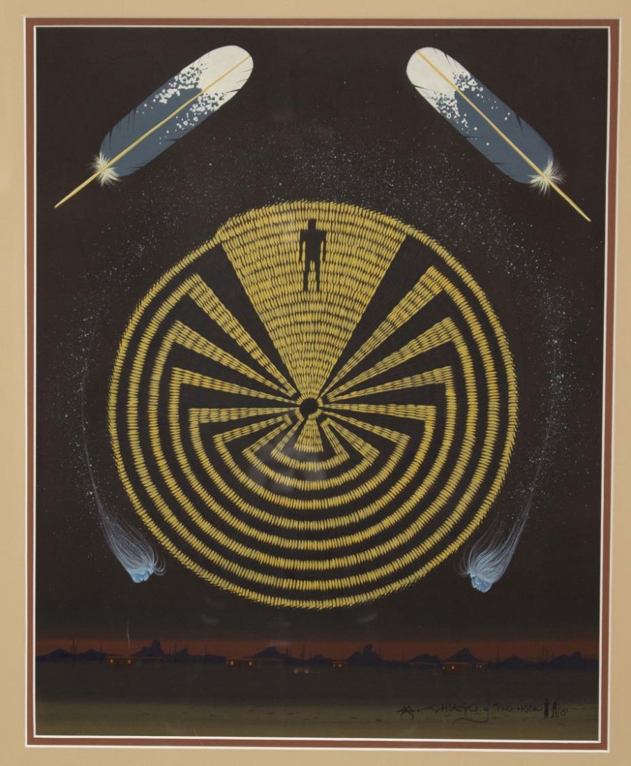 MICHAEL CHIAGO (B. 1946), NATIVE AMERICAN PAINTING: Framed painting, gouache on paper, Sky Basket over Village, signed, dated lower right Chiago Tho-Hono, '81 (Michael Chiago, Native American, Arizona, b. 1946), sight: 19.5"h, 15.5"w, overall: 27.75"h,