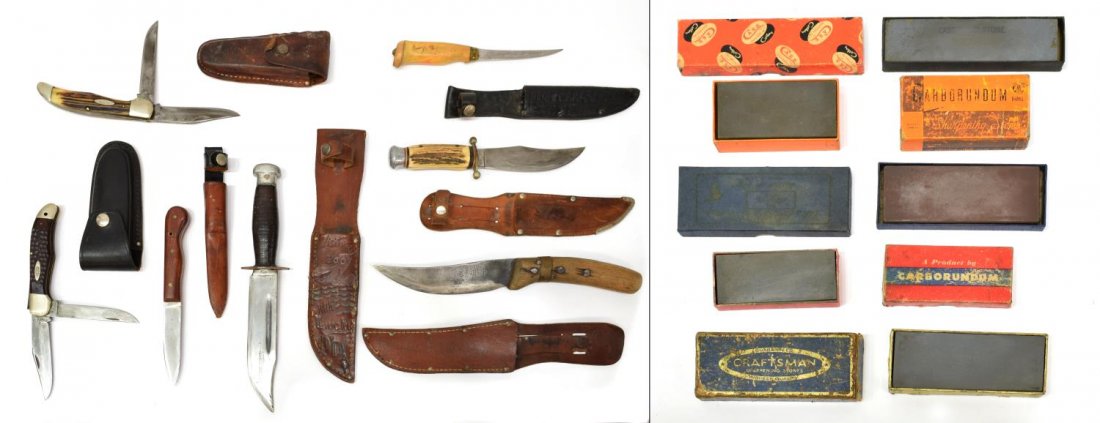 (12)KNIVES, POCKET, FIXED BLADE, SHARPENING STONES: (lot of 12) Pocket knives, fixed blade knives, sharpening stones: (1) Case XX two blade stag handle pocket knife, #5265 SAB, Case sheath with tears, closed: 5.25"l; (1) Case XX U.S.A. two blade carved