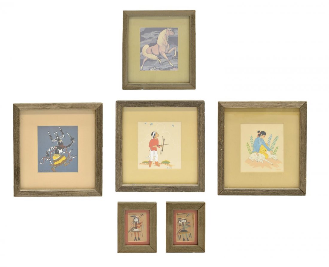 (6) AMERICAN INDIAN ART, YAZZ, BEGAY, ALLAN HOUSER: (lot of 6) Framed American Indian art: (1) Boy Hunter with Bow, gouache, signed lower right B. Yazz (Beatien (Little No Shirt) Yazz, Arizona, 1928 - 2012), sight: 6"h, 5.25"w, overall: 11.25"h, 10.5'w