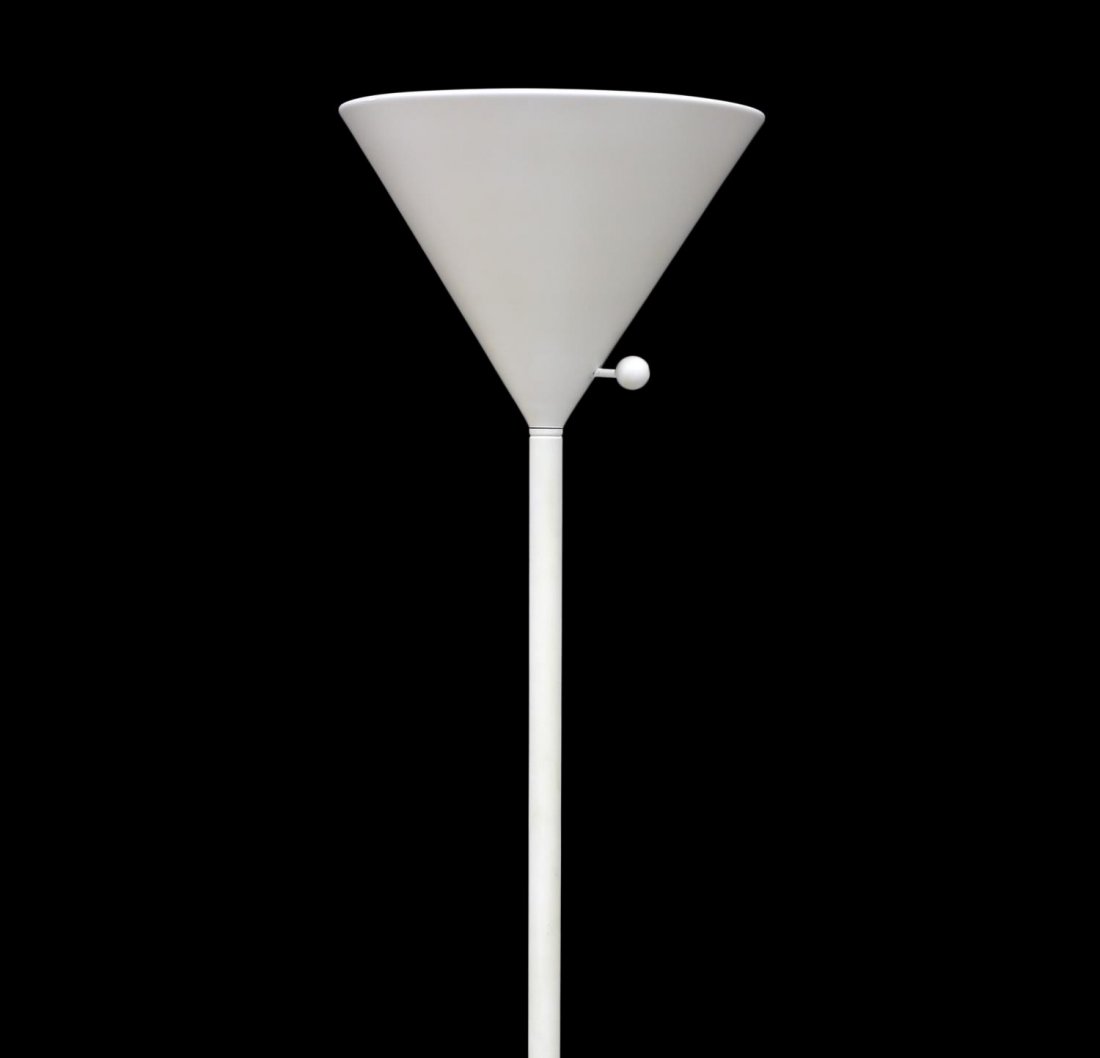 MID-CENTURY MODERN RUSSEL WRIGHT FLOOR LAMP: Mid-century modern torchiere floor lamp in white paint, design by Russel Wright (American, 1904-1976), a cone form aluminum light shade rising on a steel standard with a circular base, 65"h, 12.4"diam