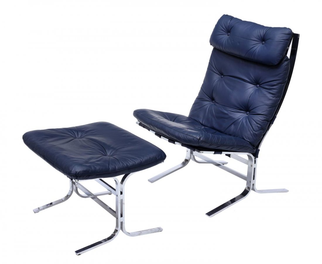 BARCELONA STYLE LEATHER & CHROME CHAIR & OTTOMAN: Modern chrome steel frame chair with ottoman, having similarities in style to the1929 Barcelona chair designed by Ludwig Mies van der Rohe (German, American, 1886-1969) and Lilly Reich (German, 1885-1