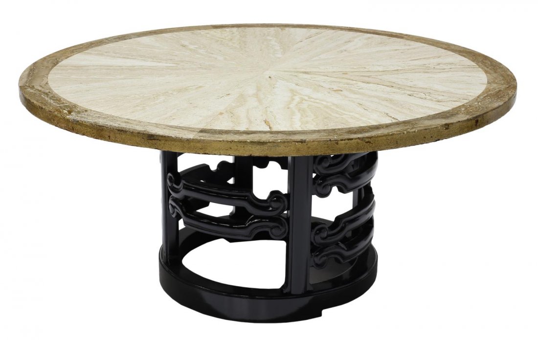 TRAVERTINE TOP COFFEE TABLE MANNER OF JAMES MONT: Circular travertine top coffee table in the manner of James Mont, raised on a circular black gloss base, 18.25"h, 40" diameter Start Price: $150.00