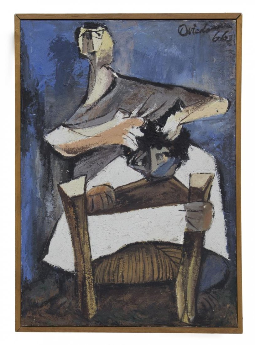 RAMON OVIEDO (DOMINICAN REPUBLIC 1927-2015) O/C: Framed oil on canvas, Standing Figure with Table, 1966, signed and dated upper right Oviedo (Ramon Oviedo, Dominican Republic 1927-2015), sight: 22.5"h, 15.75"w, overall: 23.5"h, 16.75"w, 3.25lbs Star