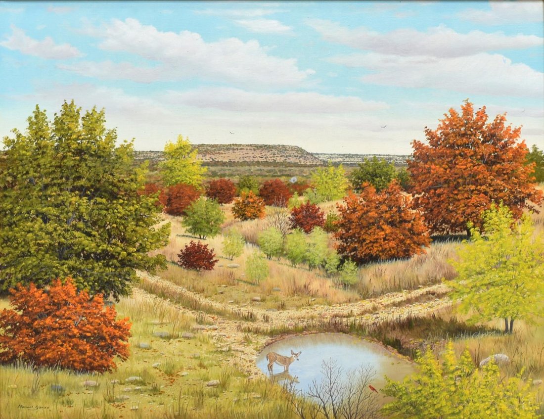 MANUEL GARZA(TEXAS, B. 1940) HILL COUNTRY PAINTING: Framed oil painting on canvas, Texas Hill Country Deer, signed lower left Manuel Garza (Texas, b. 1940), signed again on the verso, sight: 15.5"h, 19.75"w, overall: 24.5"h, 28.5"w, 6,75lbs Start Price