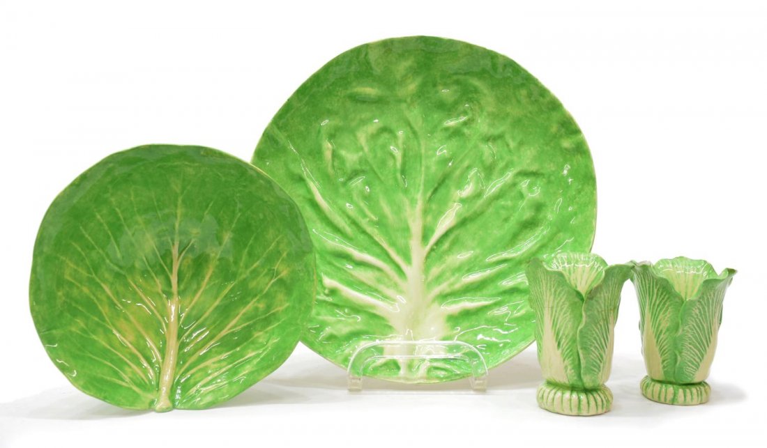 (4) DODIE THAYER LETTUCE LEAF POTTERY TABLEWARE: (lot of 4) Collection of Dodie Thayer "lettuce leaf" pottery, tableware, marks as pictured, comprising: (1) plate, 7.75"diam; (1) bowl, raised on a short foot, 2.5"h, 5.25"w; (pair) toothpick holders,
