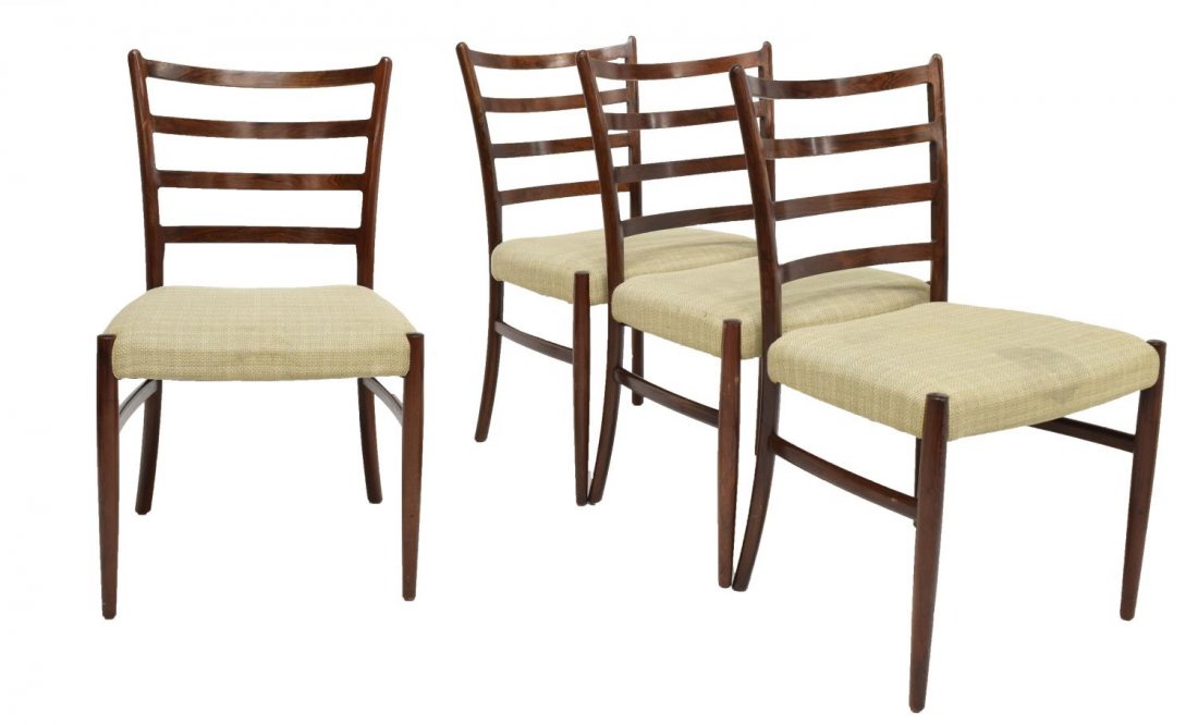 (4) DANISH MID-CENTURY ROSEWOOD DINING CHAIRS: (set of 4) Danish mid-century modern rosewood dining chairs, 1960s, each having a flared ladder back over a cushioned seat, rising on squared legs, in need of upholstery, 34"h, 19.5"w, 16"d Start Pric