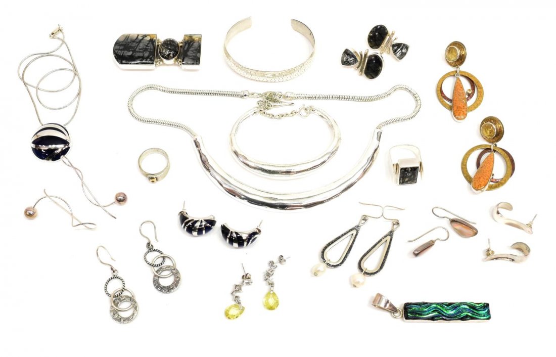 HUGE GROUP DESIGNER STERLING ESTATE JEWELRY: (lot) Collection of estate design sterling jewelry, including (set) Chloe & Isabel necklace and cuff style bracelet, (1) sterling ring with gilt accent, red stone, size 7, (pair) Cevora multi-metal ea