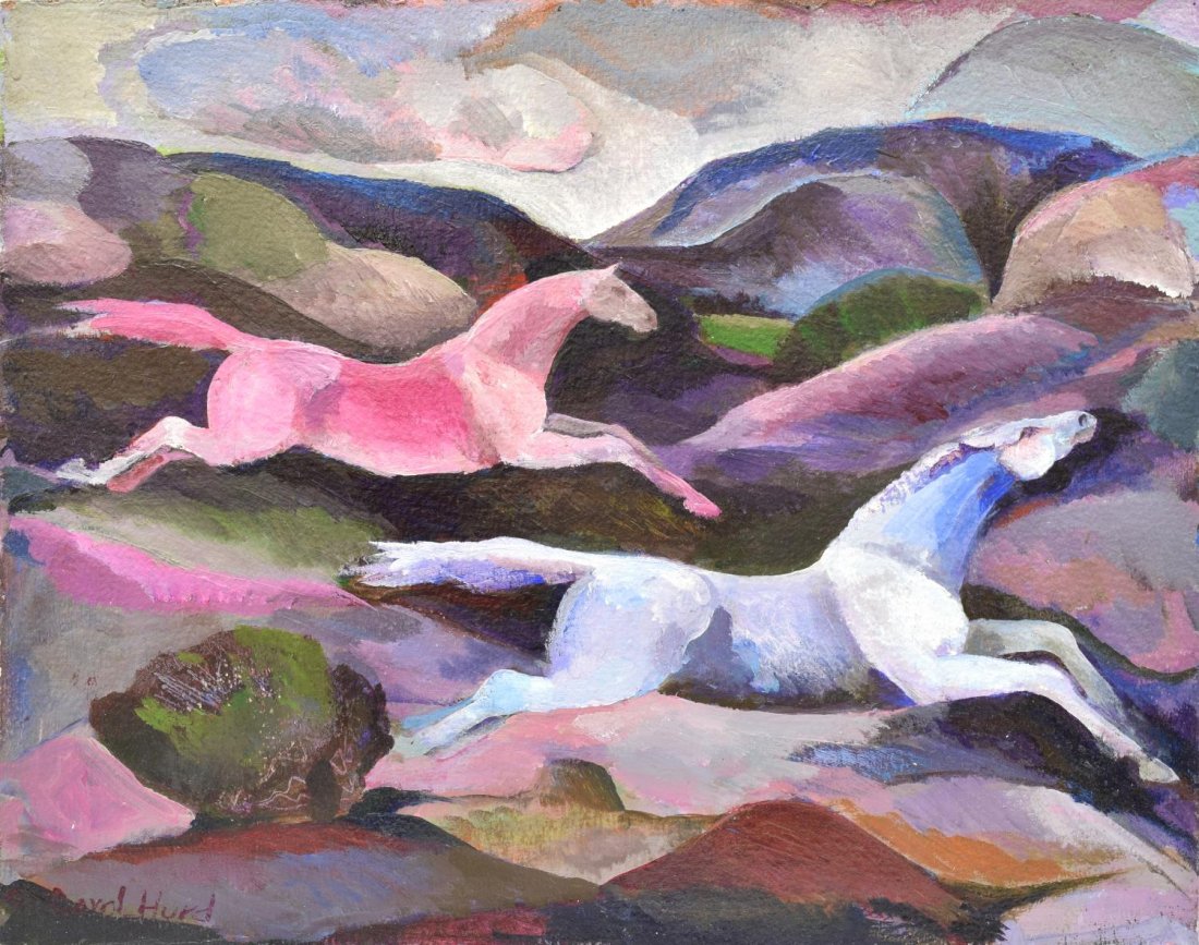 ANN CAROL HURD (AMERICAN B. 1935) GOUACHE PAINTING: Unframed gouache on paper, "The Race", signed lower left Carol Hurd (New Mexico B. 1935), accompanied by Wiggins Gallery tag and letters from the artist, 11"h, 14"w, 1lbs Start Price: $200.00