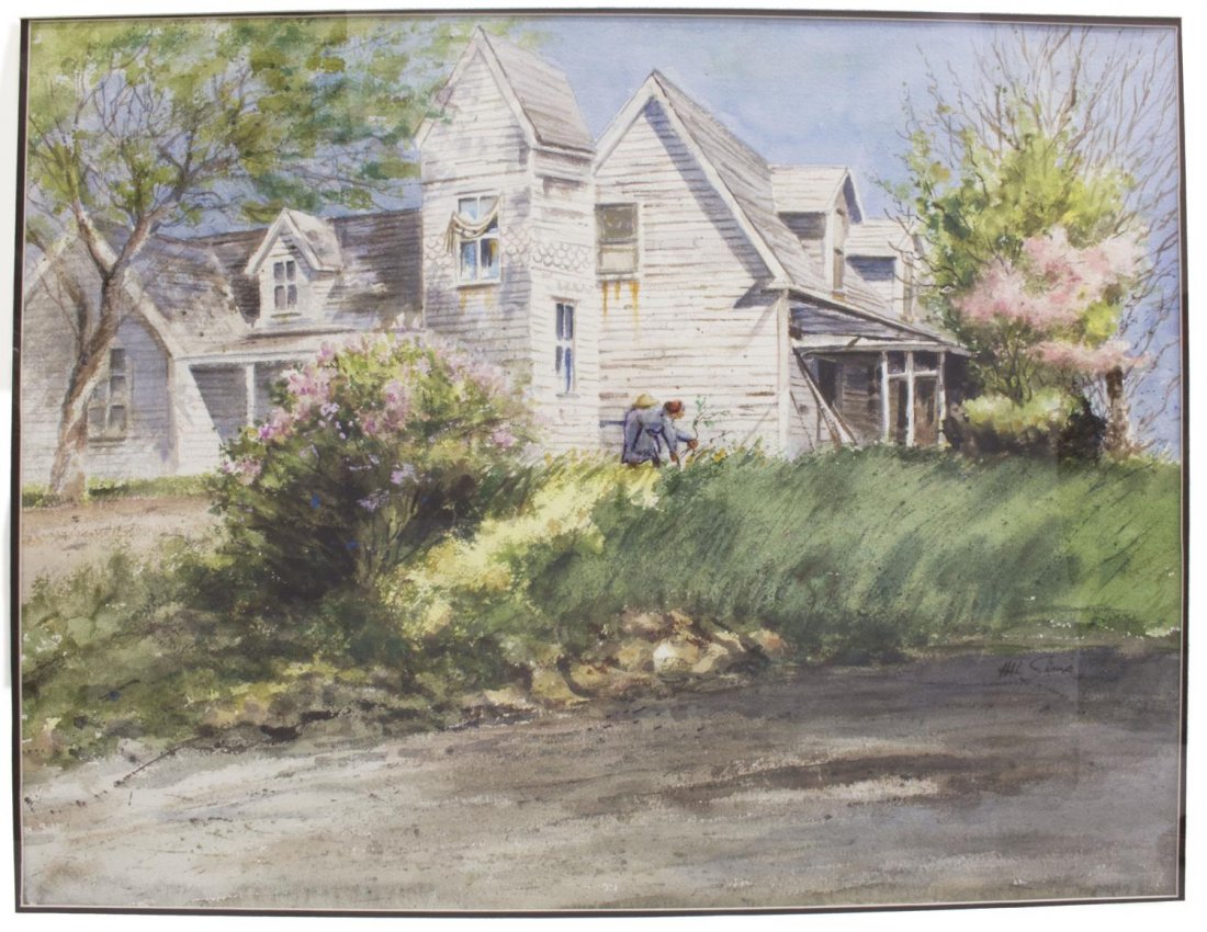 HAL SIMS (TEXAS) WATERCOLOR TEXAS FARM HOUSE: Framed watercolor on paper, "Texas Farm House", signed lower right Hal Sims (Harold H. Sims, Alabama/Texas 1912-2002), sight: 21.75"h, 28"w, overall: 34.5"h, 41.5"w, 16.5lbs