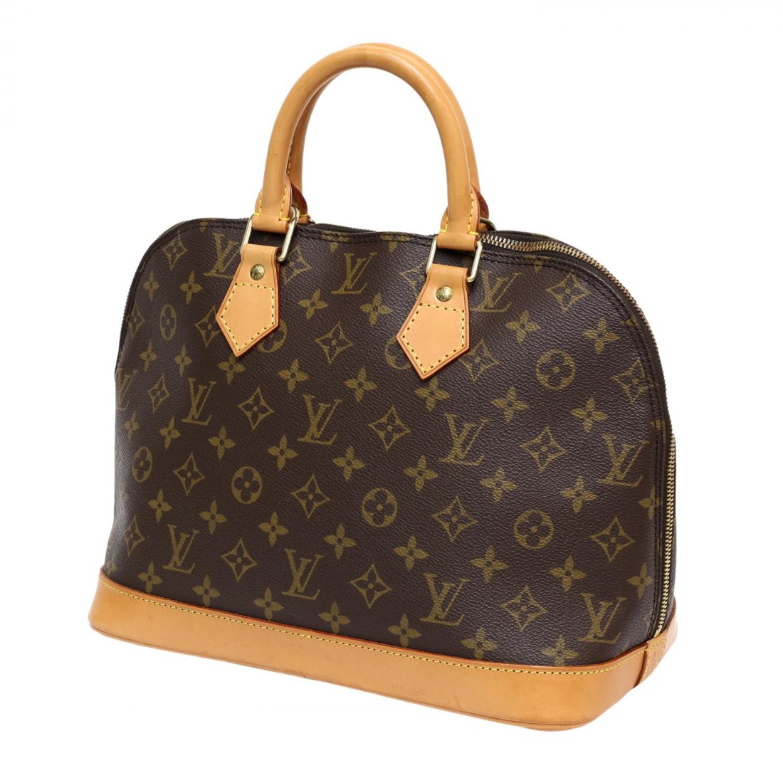 LOUIS VUITTON 'ALMA' MONOGRAM CANVAS HANDBAG: Louis Vuitton "Alma" monogram canvas handbag, leather handles and trim, gold tone hardware, dual zipper opening to a canvas lined interior with slip pocket, LV lock, dust bag included, some wear to le