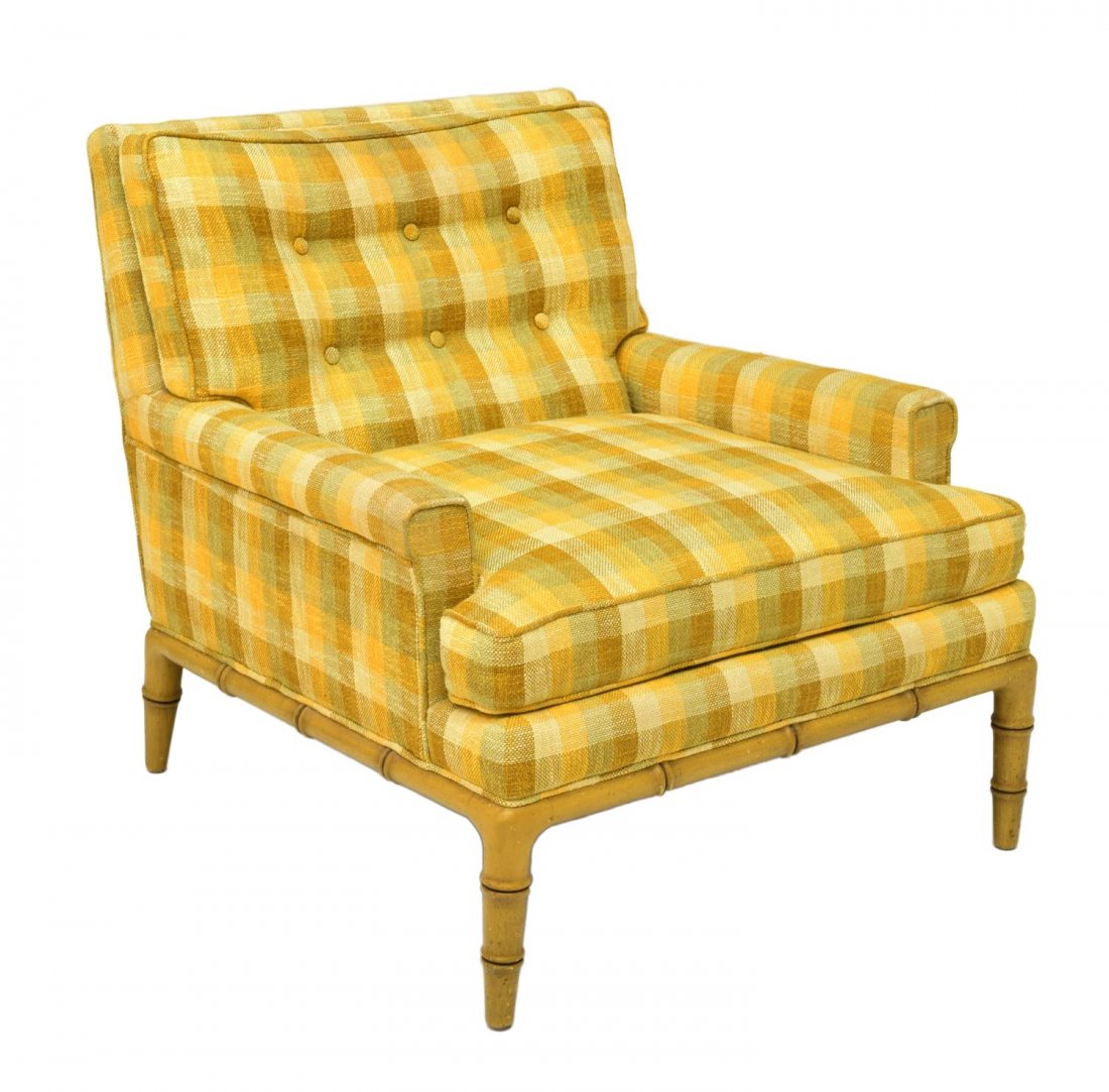 MID-CENTURY MODERN FAUX BAMBOO ARMCHAIR: Mid-century modern faux bamboo armchair, padded yellow, grey and brown stylized plaid upholstery, buttoned back, removable seat, rising on bamboo form legs, approx. 30.25"h, 26.5"w, 34"d Start Price: 