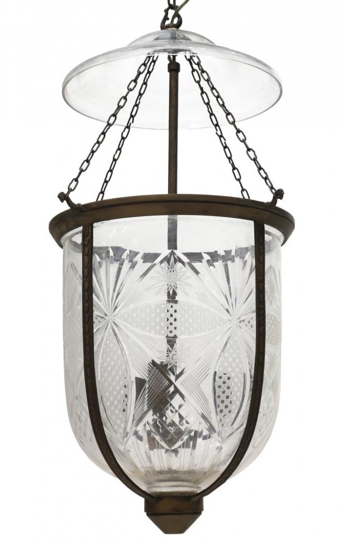 BRITISH COLONIAL 3-LIGHT BELL JAR PENDANT LAMP: British Colonial three-light hanging bell jar pendant lamp, the clear glass top above the chain standard, issuing three lights enclosed in foliate etched bell jar, approximate measurement only 25"h (f