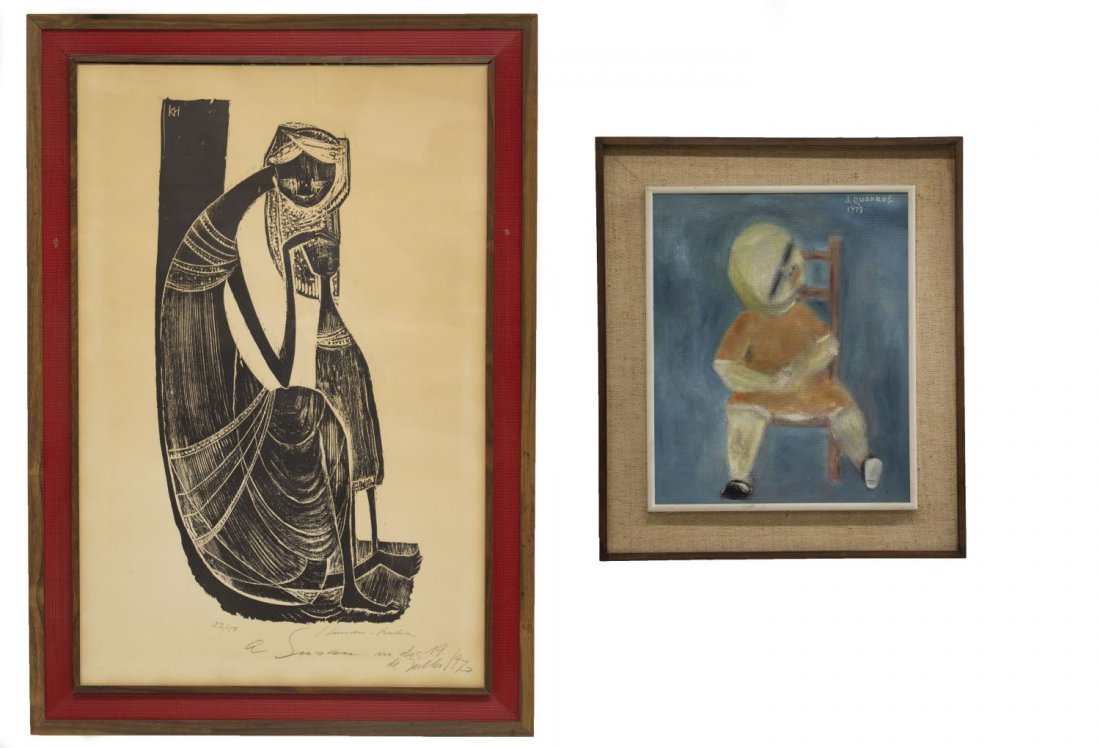(2) KARL HEINZ HANSEN BAHIA & JANIO QUADROS ART: (lot of 2) Framed mid 20th century artwork, comprising: (1) framed woodblock print, Female Figure with Cat, signed in pencil lower margin Hansen-Bahia (Karl Heinz Hansen-Bahia, German 1915-1978), insc