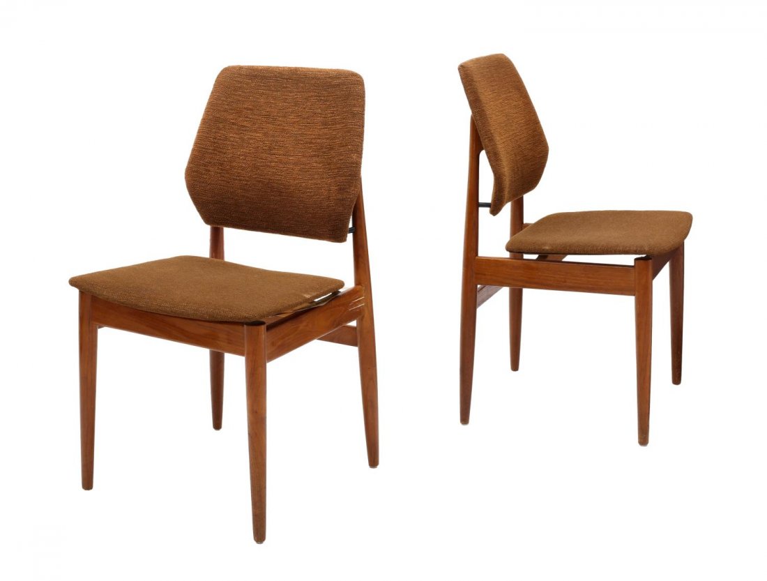 (PAIR) MID-CENTURY MODERN CASALA SIDE CHAIRS: (pair) Mid-century modern side chairs, design by Casala, the shaped backrest over thin padded seat, in brown woven upholstery, rising on tapered legs, 33.5"h, 18.5"w, 20.5"d Start Price: $150.00