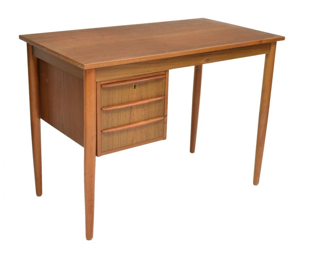 DANISH MID-CENTURY MODERN ROSEWOOD WRITING DESK: Danish mid-century modern rosewood writing desk, c. 1960's, the rectangular top, over three drawers to one side, one with key hole lock, rising on cylindrical legs, lacking key, approx. 28.75"h, 40"w,