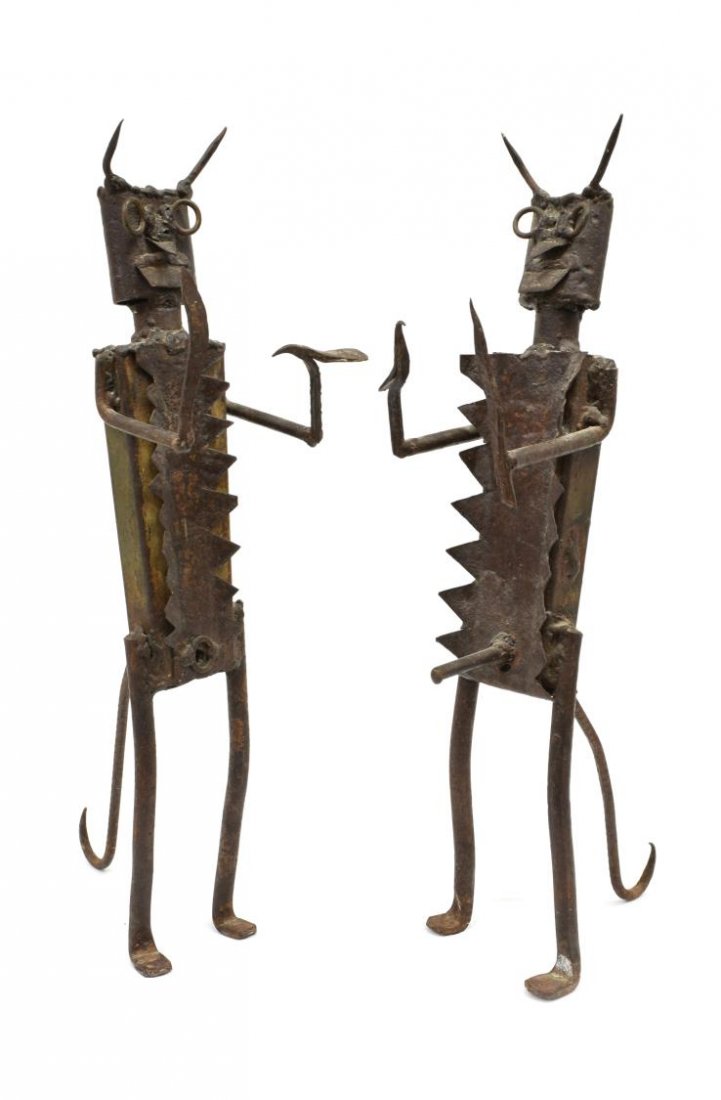 (2) FOLK ART IRON STANDING FIGURES, MALE & FEMALE: (pair) Folk art iron sculptures, Male and Female, South America, unsigned, 19"h, 7.25lbs total Start Price: $80.00