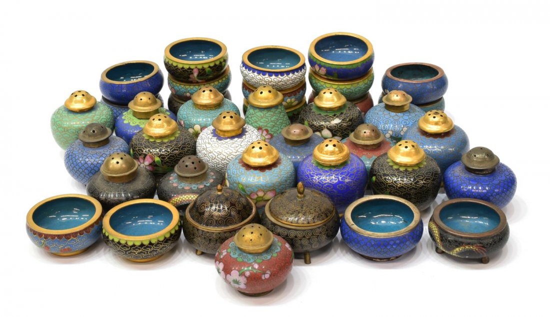 (38) VINTAGE CLOISONNE SALT SELLARS & SHAKERS: (lot of 38) Chinese cloisonne enamel table items including (17 pairs) salt cellars with matching pepper shakers, various dragon, flower and cloud form wirework motifs, (2) lidded salt cellars on tripo