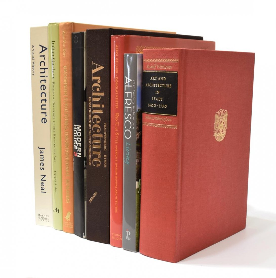 (8) COLLECTION OF BOOKS, ARCHITECTURE AND DESIGN: (lot of 8) Books: (1) "Art and Architecture in Italy: 1600 to 1750", Rudolf Wittkower, Penguin Books Ltd., 1973, red hard cover, 485 pages; (1) "Architecture: From Prehistory to Post-Modernism / The W
