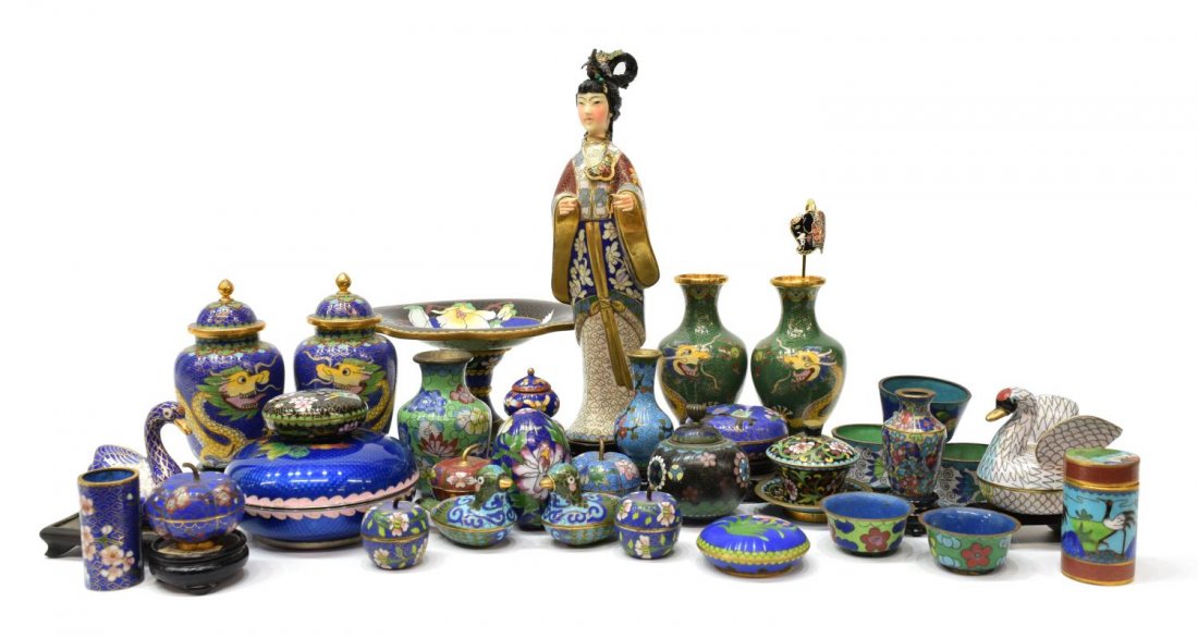 (LOT) COLLECTION OF CLOISONNE DECORATIVE ITEMS: (lot) Collection of cloisonne decorative items, including miniature vases, bird form containers, pill boxes, footed compote, and standing beauty with celluloid hands and face, head is removable and lo