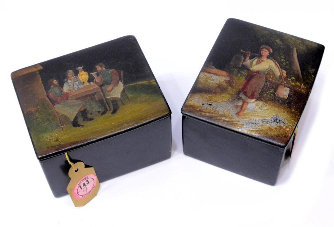 (2) 19TH C RUSSIAN PAPER MACHE LACQUER TABLE BOXES (1 of 10)