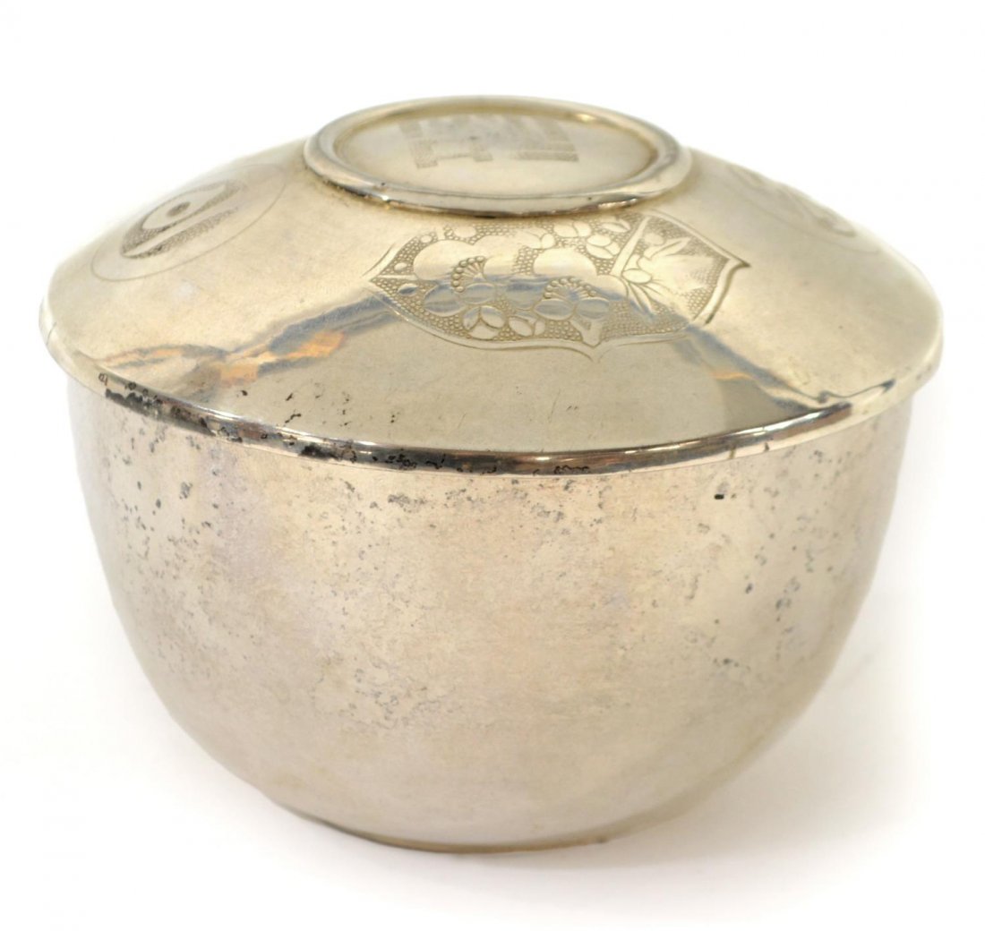 CHINESE STERLING SILVER ETCHED LIDDED JAR (1 of 3)