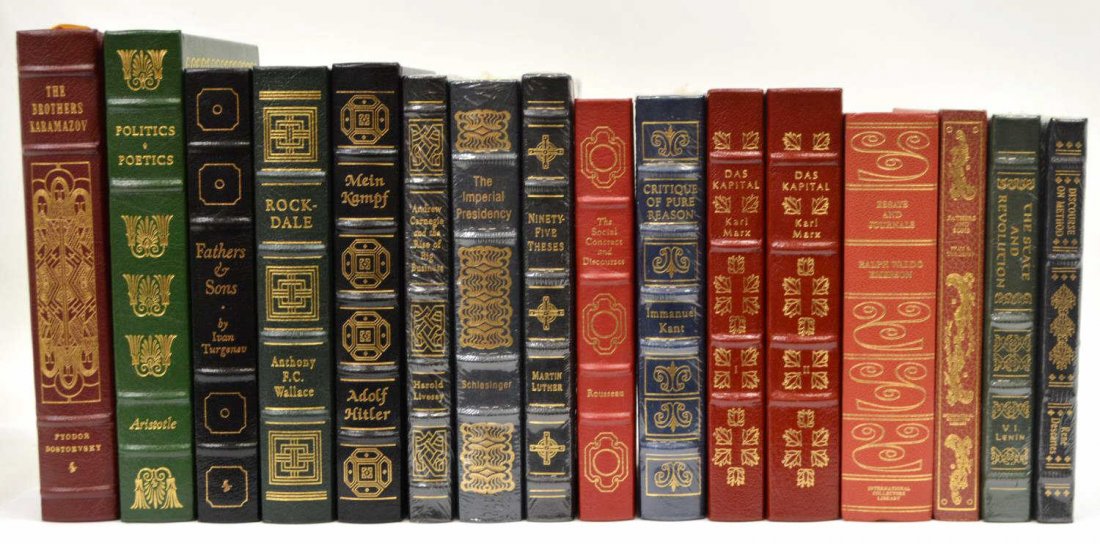 (16) COLLECTION OF LEATHER BOUND BOOKS: (lot of 16) Books: (1) "The Social Contract and Discourses", Jean Jacques Rousseau", The Easton Press, 1991, red leather with gilt embossing, raised bands and gilt lettering on spine, gilt page ends, 