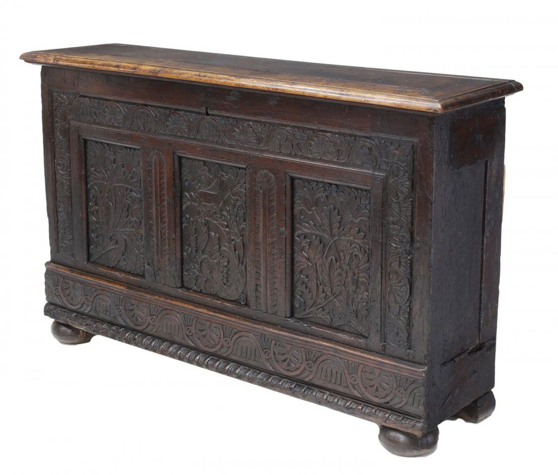 FRENCH FOLIATE CARVED OAK COFFER / CHEST, 18TH C. (1 of 4)