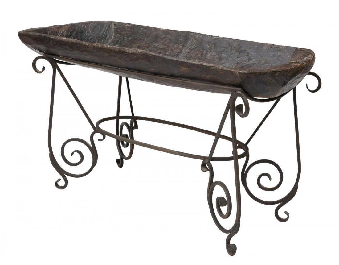 NEPALESE CARVED WOODEN TROUGH ON IRON STAND (1 of 4)