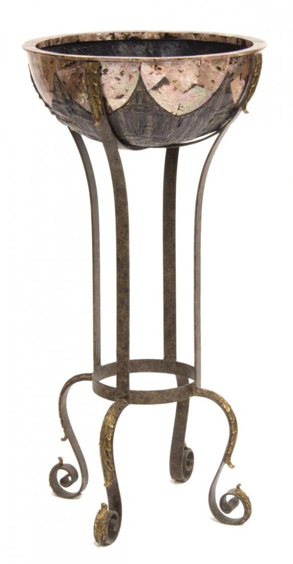 MAITLAND SMITH JARDINIERE WITH OPALESCENT BOWL: Maitland-Smith jardiniere, having a circular bowl with pink opalescent tiles and scalloped detail to exterior, supported by four arms decorated with acanthus leaves, with circular joinery above scroll