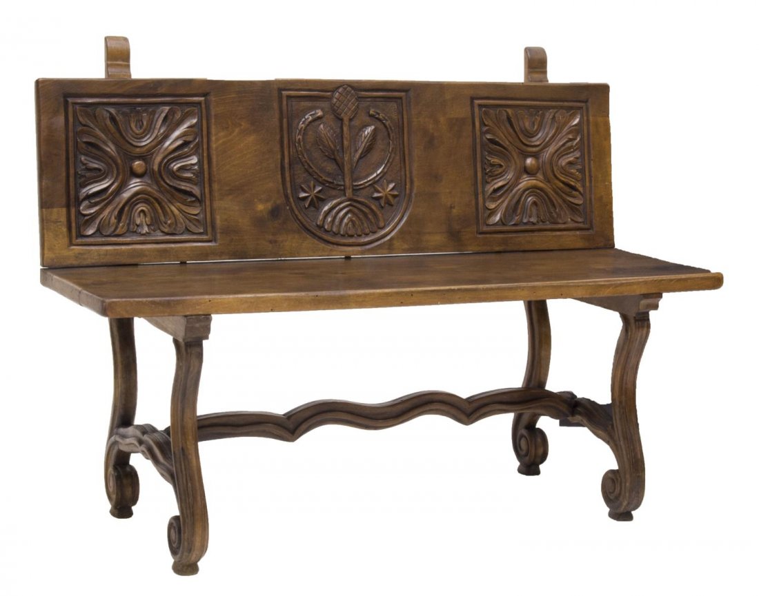 DIMINUTIVE WALNUT CARVED BACK BENCH (1 of 4)