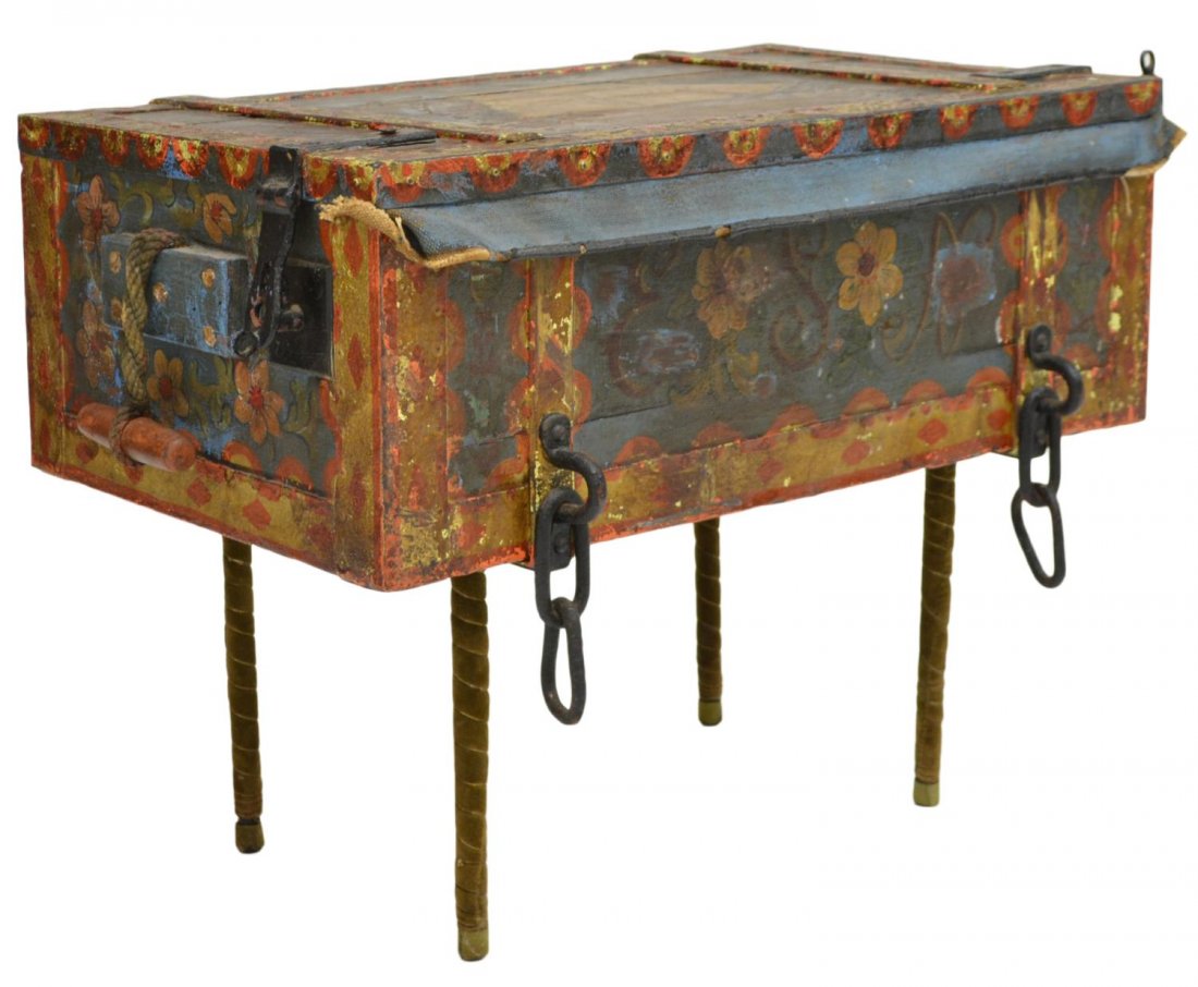 ANTIQUE ENGLISH PAINTED TRUNK ON STAND (1 of 5)